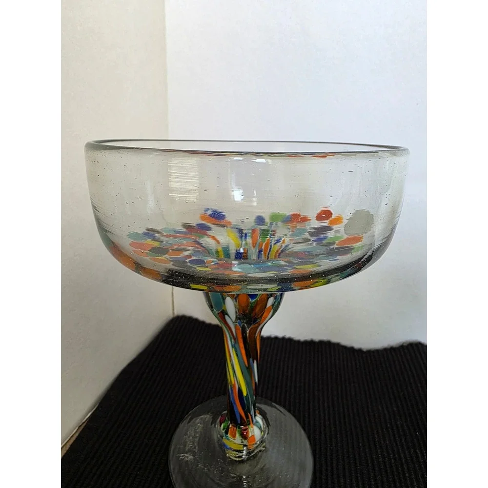 Set of 3 Hand Blown Mexican Margarita Glasses with Colorful Confetti Swirl Stems